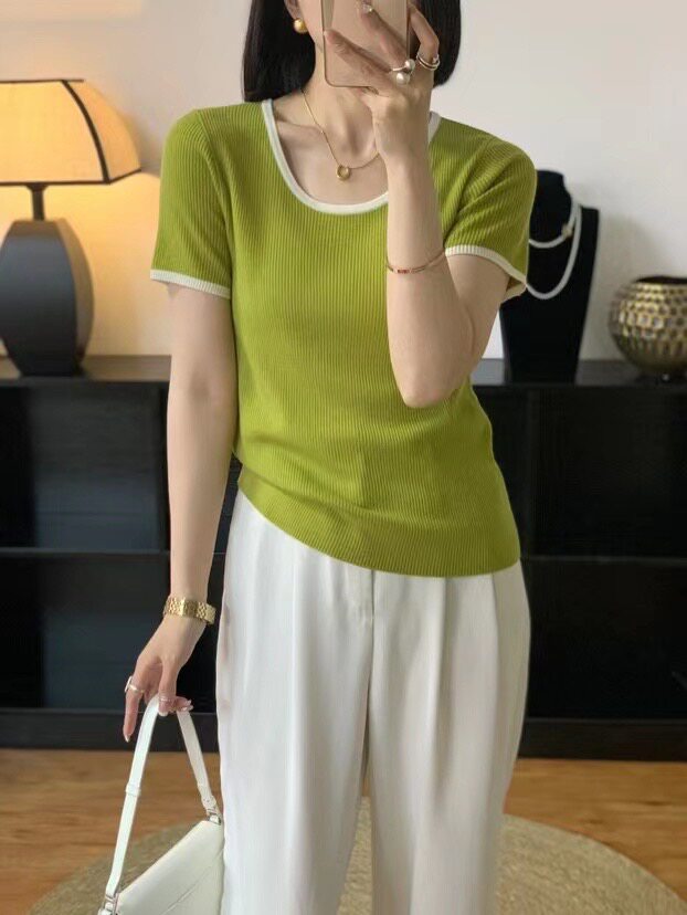 修身薄款拼色U领短袖针织衫女夏季气质百搭,针织衫/毛衣,圣旺供货