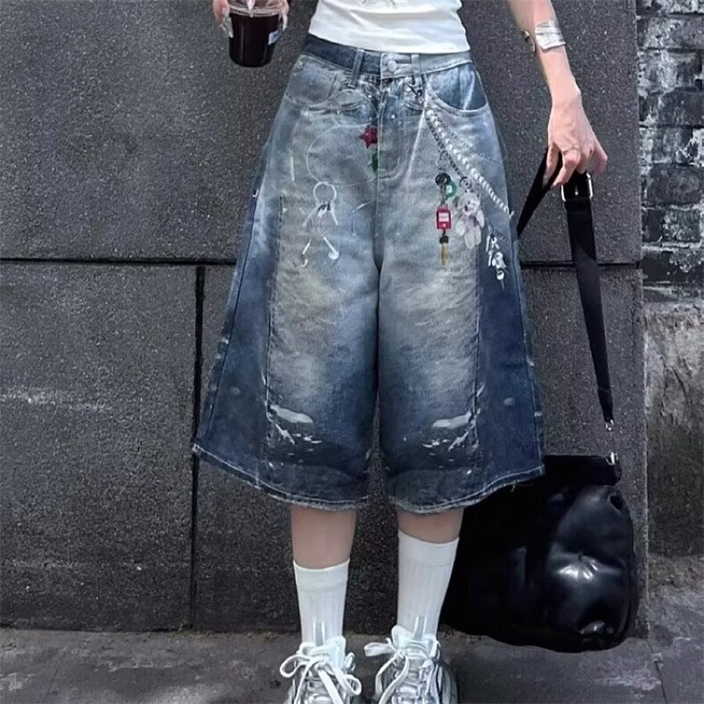 美式复古链子卡通印花牛仔七分裤女夏季街头设计感宽松蓝色五分裤,男装牛仔裤,星座506A