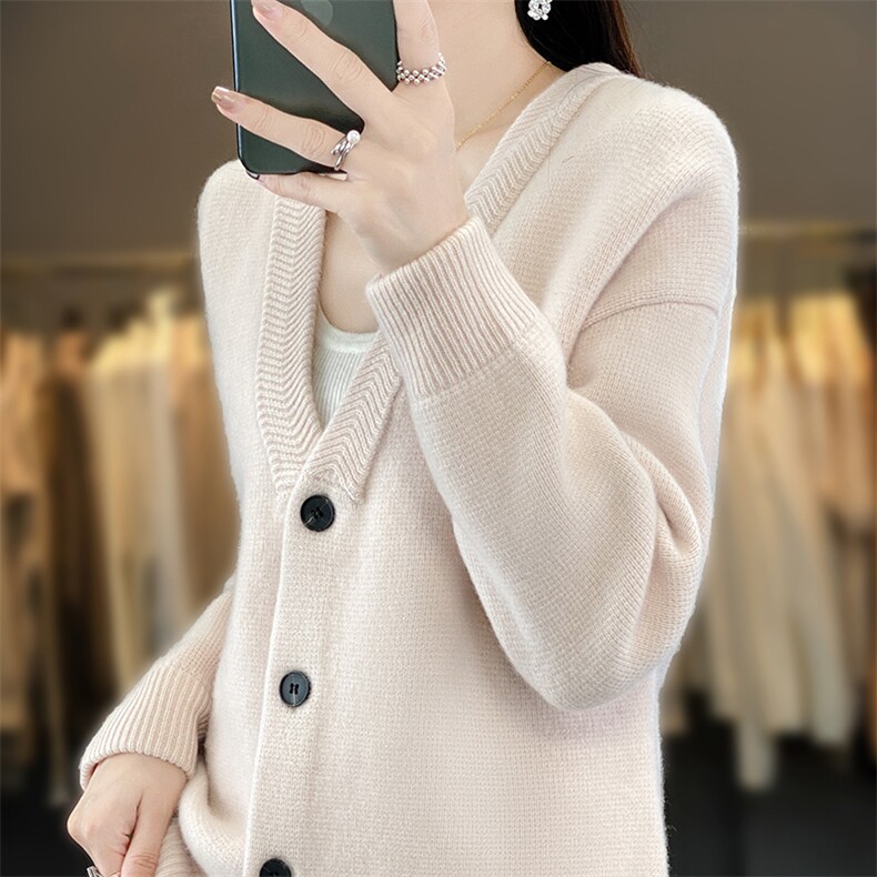 2024新款五针重工外套宽松显瘦V领羊毛开衫女,女装羊毛衫,北娇羊绒