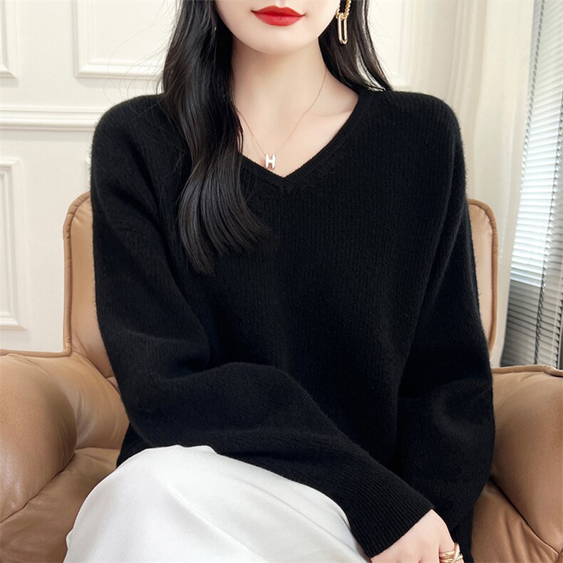 2024秋冬新款V领女纯色百搭套头毛衣宽松显瘦100羊毛打底衫，女装羊毛衫，蒙特羊绒