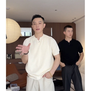 菠萝纹针法肌理感休闲简约男士亨利领体恤纯色77090/P45降图片
