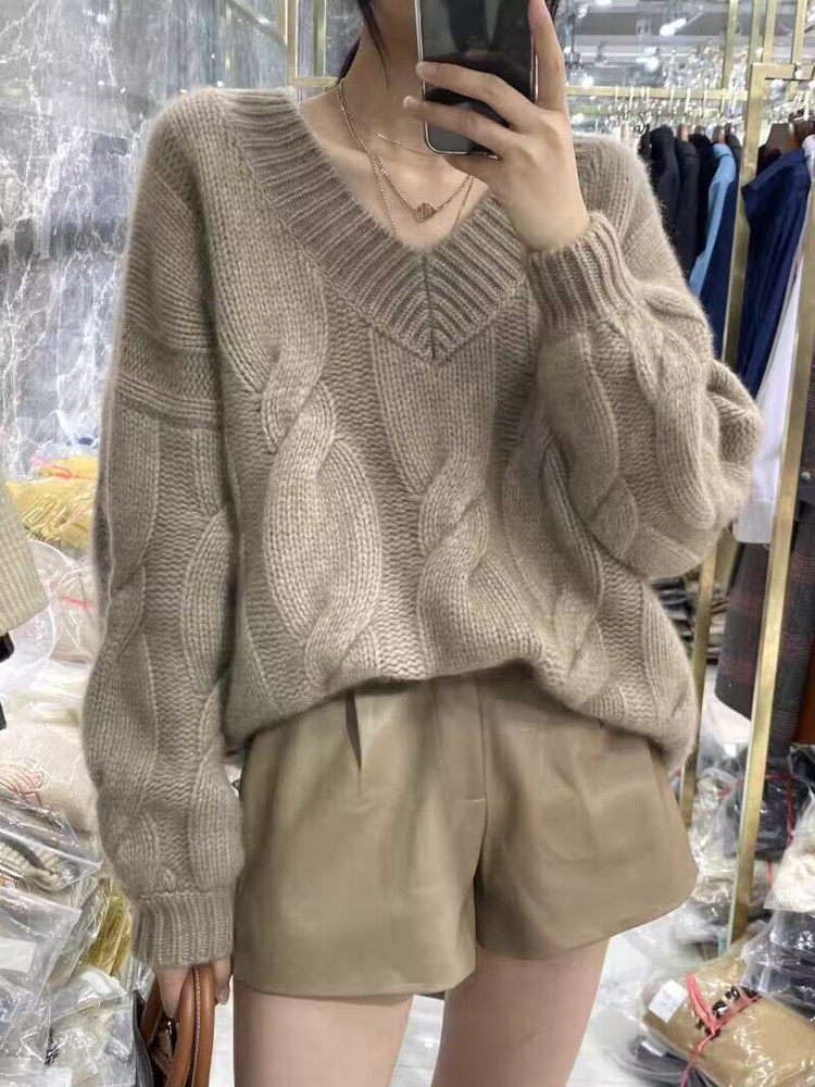 时尚百搭纯澳毛鸡心领大扭花女羊毛衫简约显瘦长袖针织衫舒适保暖,女装羊毛衫,莺澜羊绒