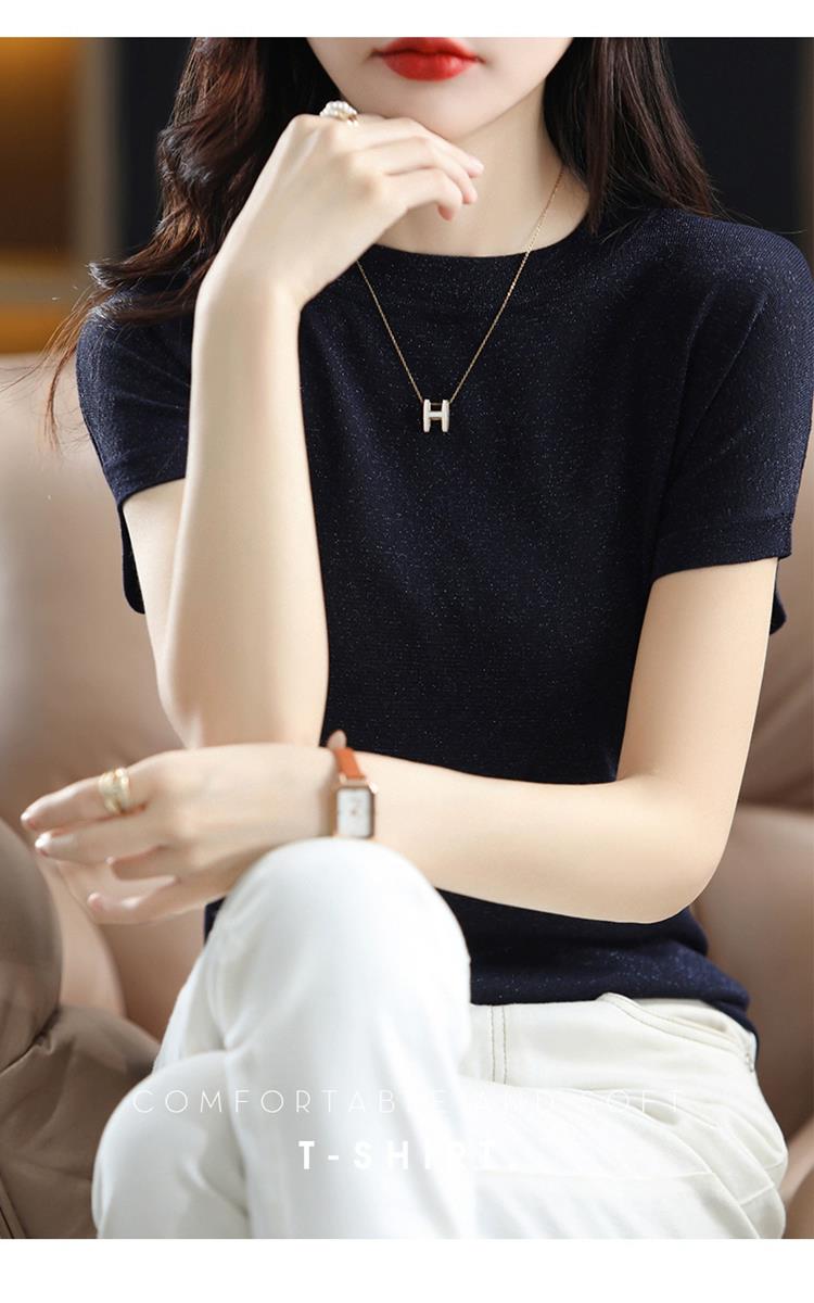精纺羊毛纯色短袖t恤女上衣打底衫翻边袖夏装百搭宽松显瘦针织衫,针织衫/毛衣,鄂维那特