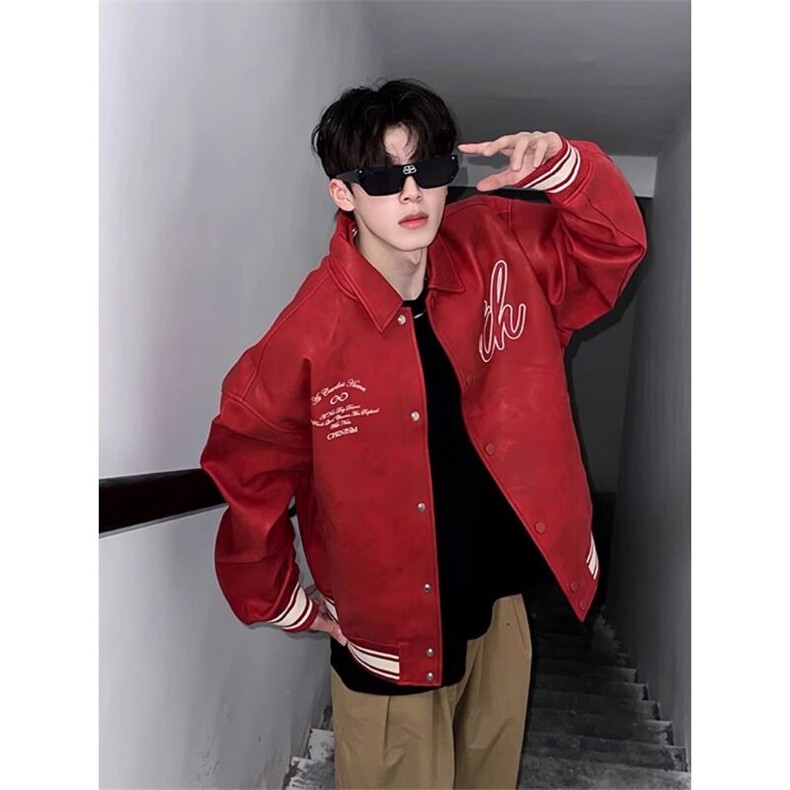 酒红色外套美式复古高级感痞帅PU皮夹克棒球服JK611特P70,男装夹克,星座908-1