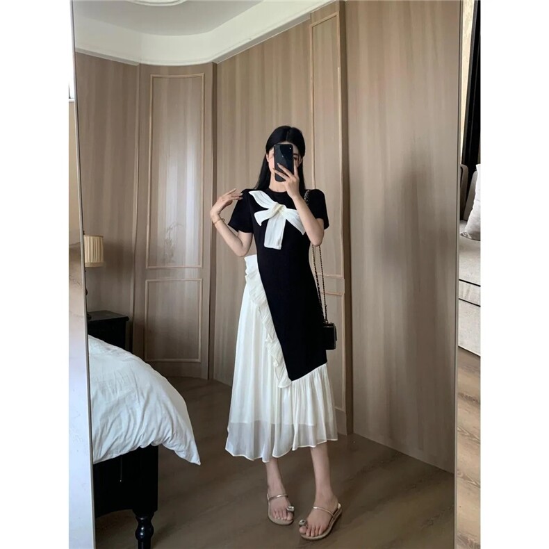 独特绝美撞色拼接黑色连衣裙女夏季新款高级小众设计感不撞款裙子,女装连衣裙,星座1210-1