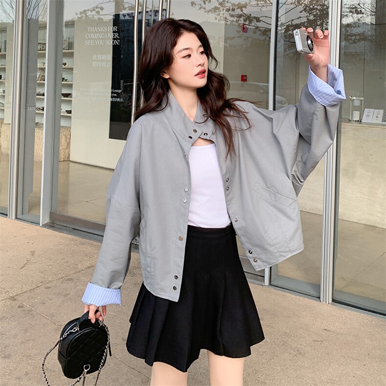 立领休闲短外套女小个子2025春季新款韩系设计感宽松百搭夹克上衣，女装短外套，辉之琳