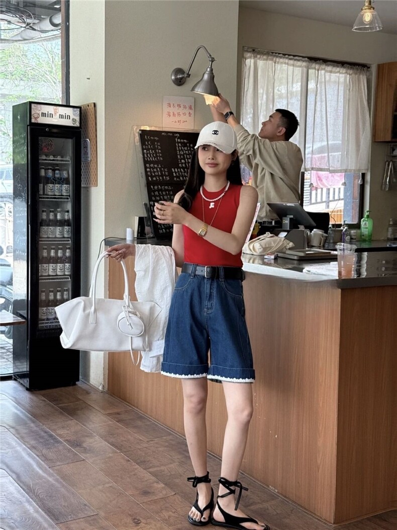 夏季高腰蕾丝花边阔腿牛仔短裤休闲直筒中裤图片