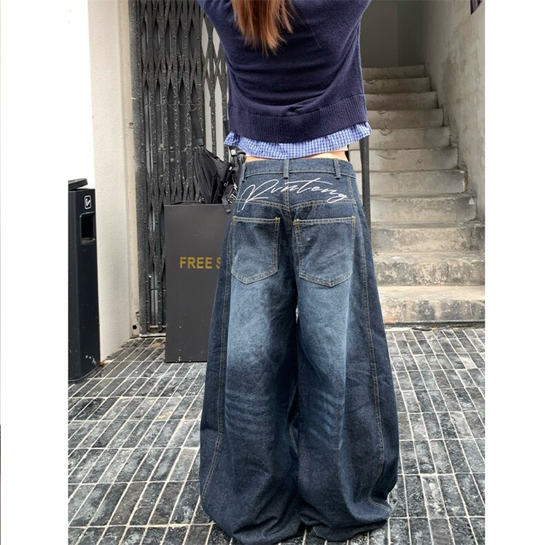 美式高级感弯刀牛仔裤男女水洗宽松阔腿直筒休闲长裤子NZB163图片