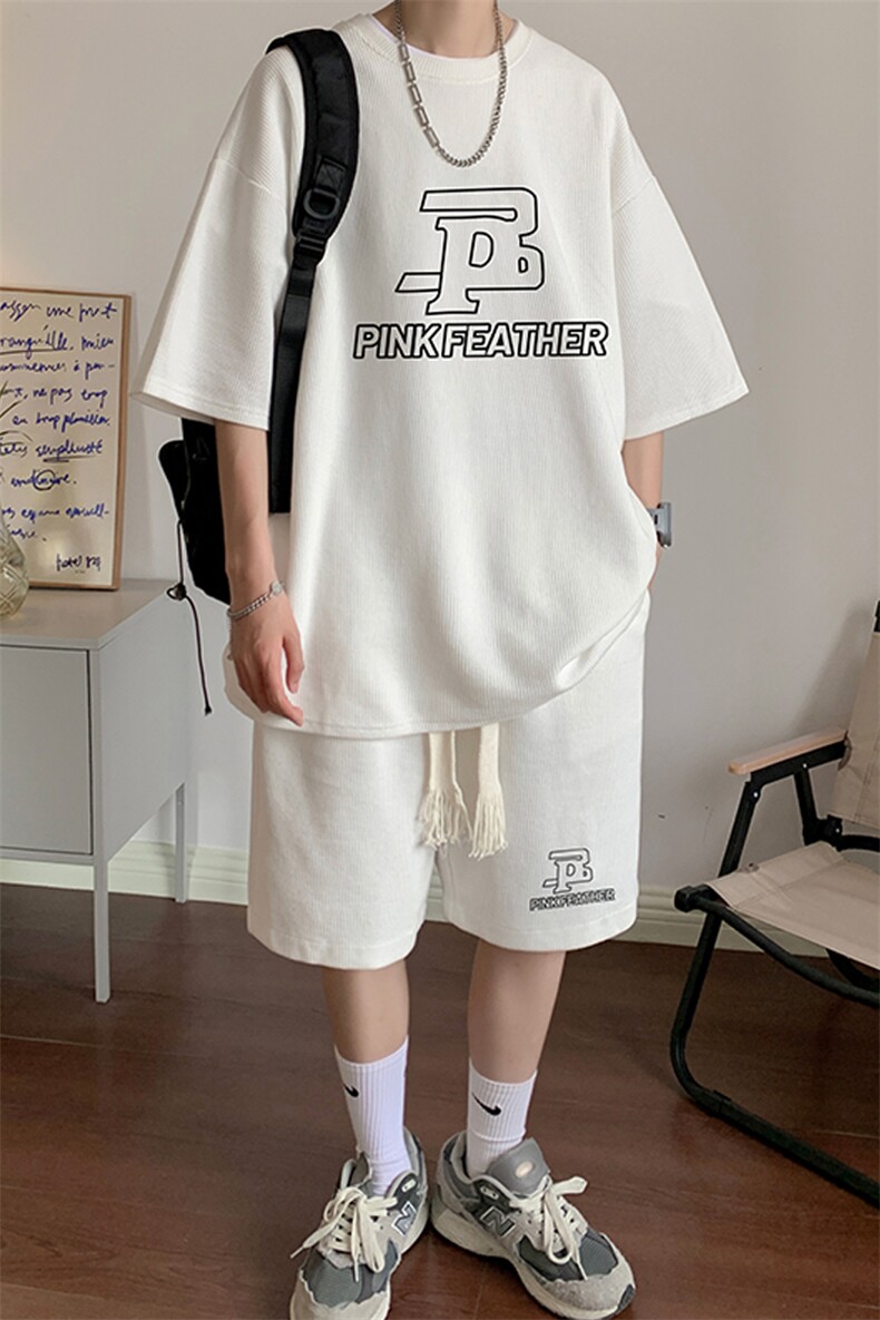 套装！华夫格套装男T恤短裤两件套大码港风TZ115-P50,男装休闲套装,电商B367