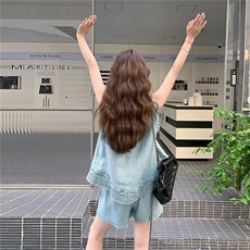 法式时尚蕾丝气质套装女2025夏季新款宽松百搭无袖背心短裤两件套，女装套装/套裙，2B237