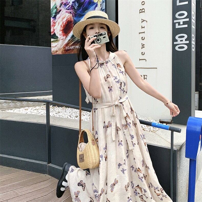法式蝴蝶结碎花背心长裙女夏季新款温柔风甜美时尚显瘦高腰印花裙,女装连衣裙,2C088
