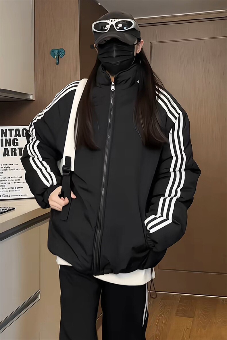 满天星棉服男款冬季加厚条纹外套女美式高街两面穿情侣宽松棉袄潮,男装棉衣,电商基地A050