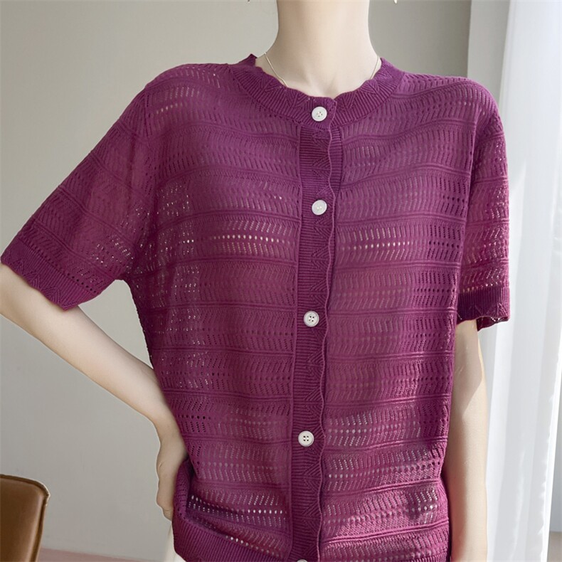 法式镂空冰麻针织短袖T恤女开衫2025夏薄透气显瘦上衣半袖t恤衫，女装T恤，凯思米羊绒