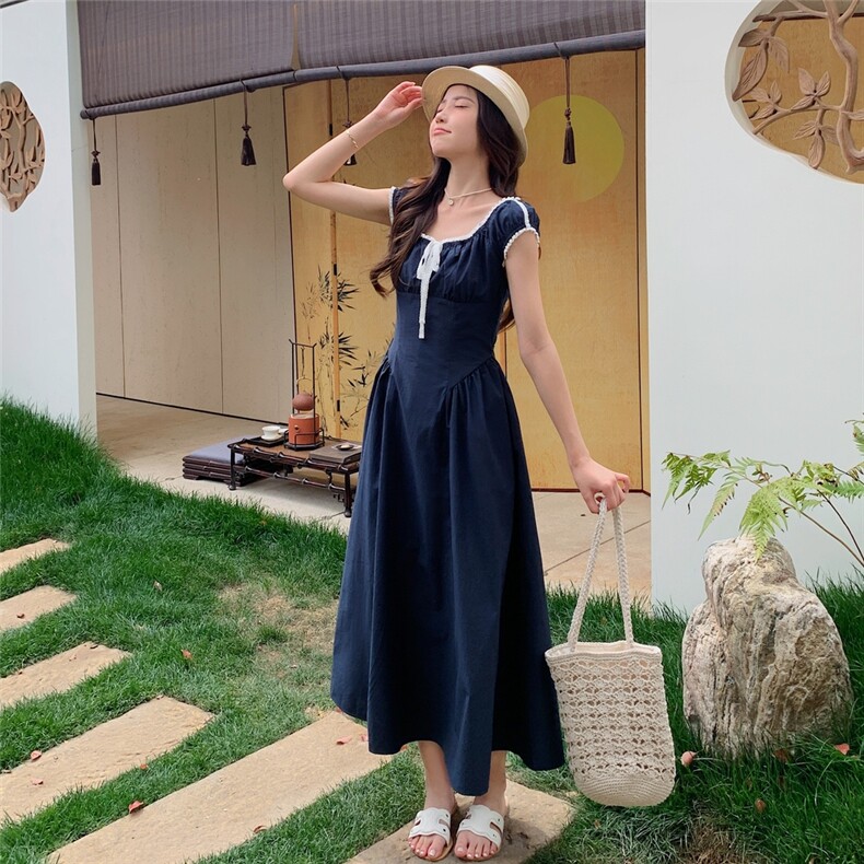 法式设计感蝴蝶结系带蕾丝花边连衣裙女2025夏季新款收腰显瘦长裙,女装连衣裙,2C159