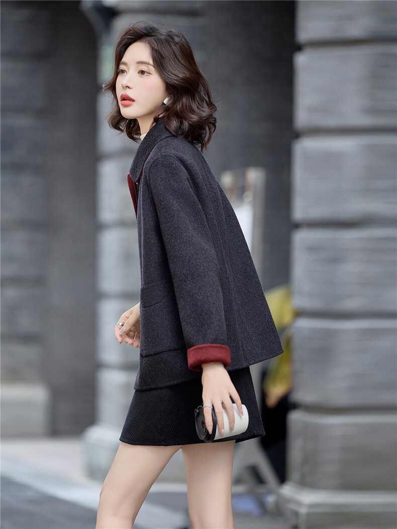 时尚撞色双面绵羊毛外套女2025秋冬新款宽松显瘦气质翻领毛呢大衣,女装双面呢大衣,沁沁公主