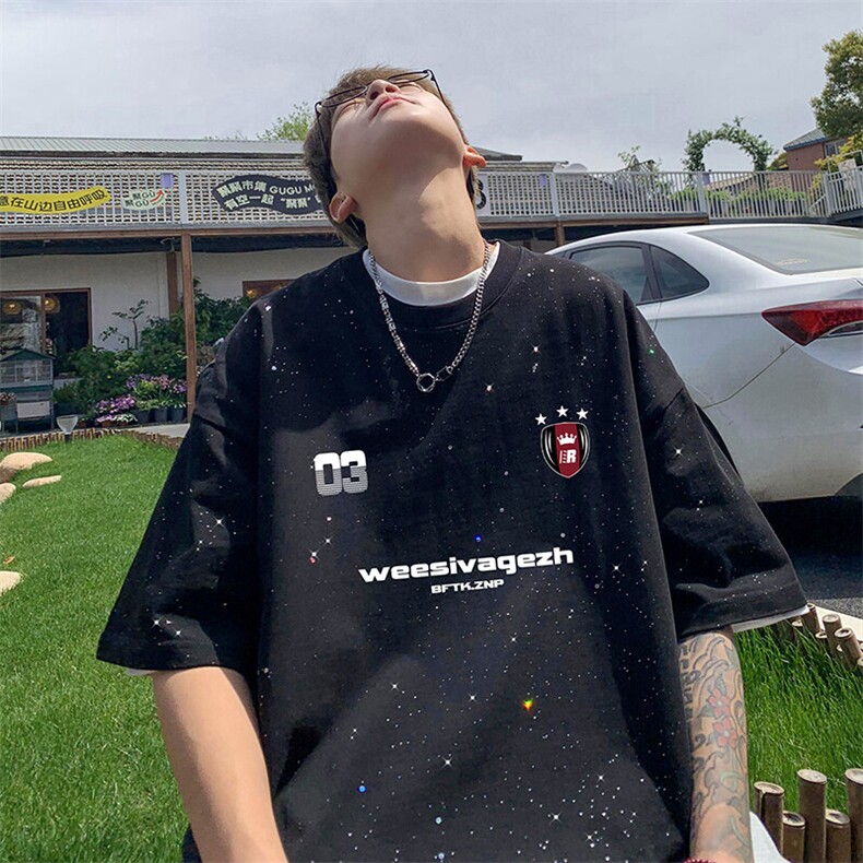 量大优供抖音视频支持得物配合二开美式满天星亮片短袖T恤MTX615,男装T恤,电商A486-1