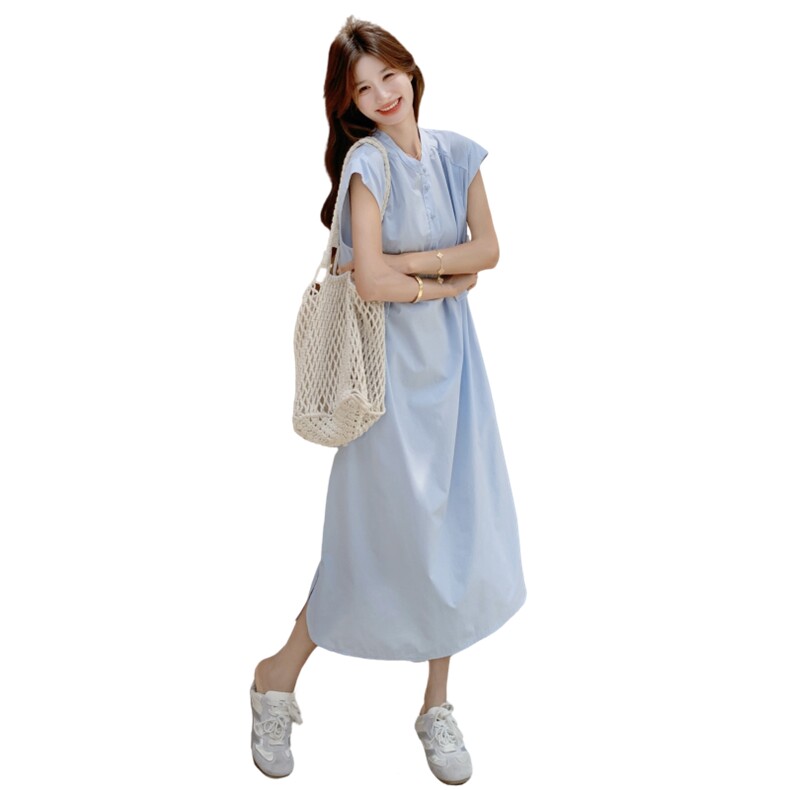 天蓝色设计感衬衫连衣裙女夏2025新款韩系气质减龄中长款收腰长裙,女装连衣裙,2C166