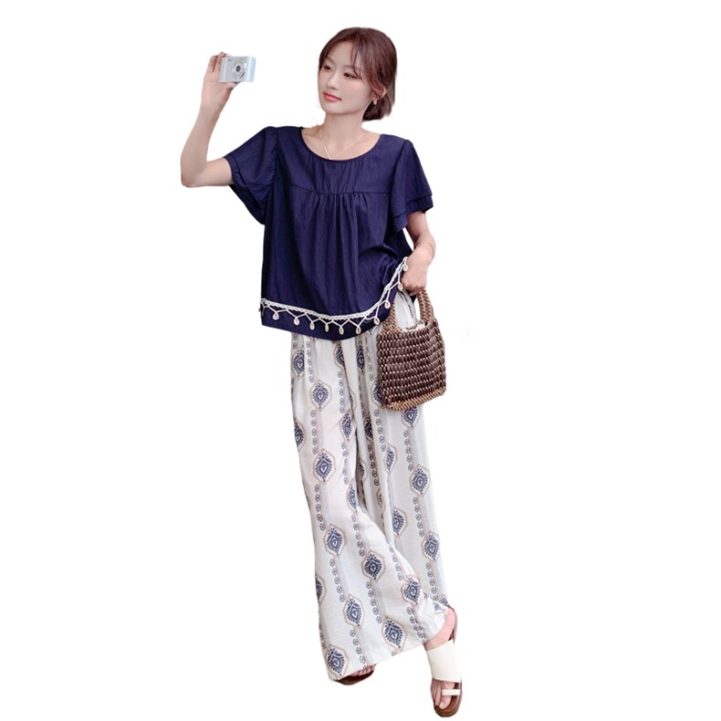 复古慵懒风休闲套装女2025夏新款设计感圆领上衣印花阔腿裤两件套,女装套装/套裙,2C205