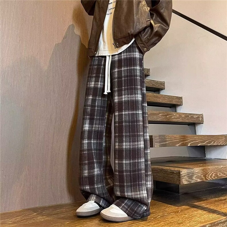 撞色格子裤男女秋冬复古慵懒拖地直简裤高腰垂感阔腿裤子ZK16P35,男装休闲裤,星座1112-1
