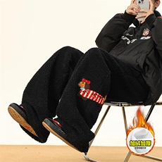 冬季美式刺绣羊羔毛棉裤男女情侣加绒加厚保暖宽松休闲阔腿长裤子，男装棉衣，电商A443