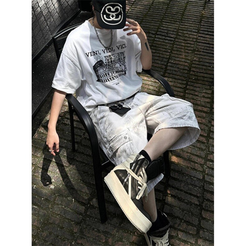 高街做脏工装牛仔五分裤男夏季新款小众百搭宽松直筒短裤 KD6681图片