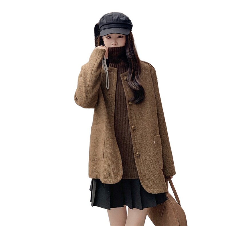 时尚百搭秋冬新款毛呢外套女显瘦气质短款大衣优雅复古风,女装短外套,秋水欣儿