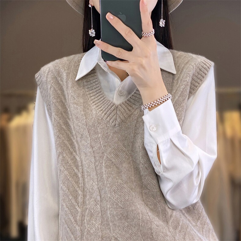 2025年夏季宽松型常规套头单件圆领无袖背心马甲时尚百搭,女装羊毛衫,春贝羊绒