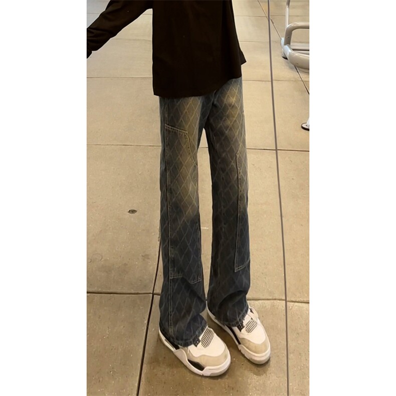 B221美式ins高街小众格子提花直筒牛仔裤LK24382-特P52控88,男装牛仔裤,电商B221