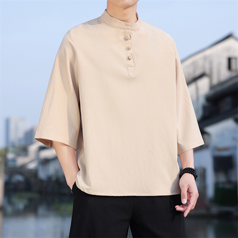 2025新款夏季风纯色立领上衣盘扣休闲T恤宽松潮流男T2505-P45,男装T恤,电商A008