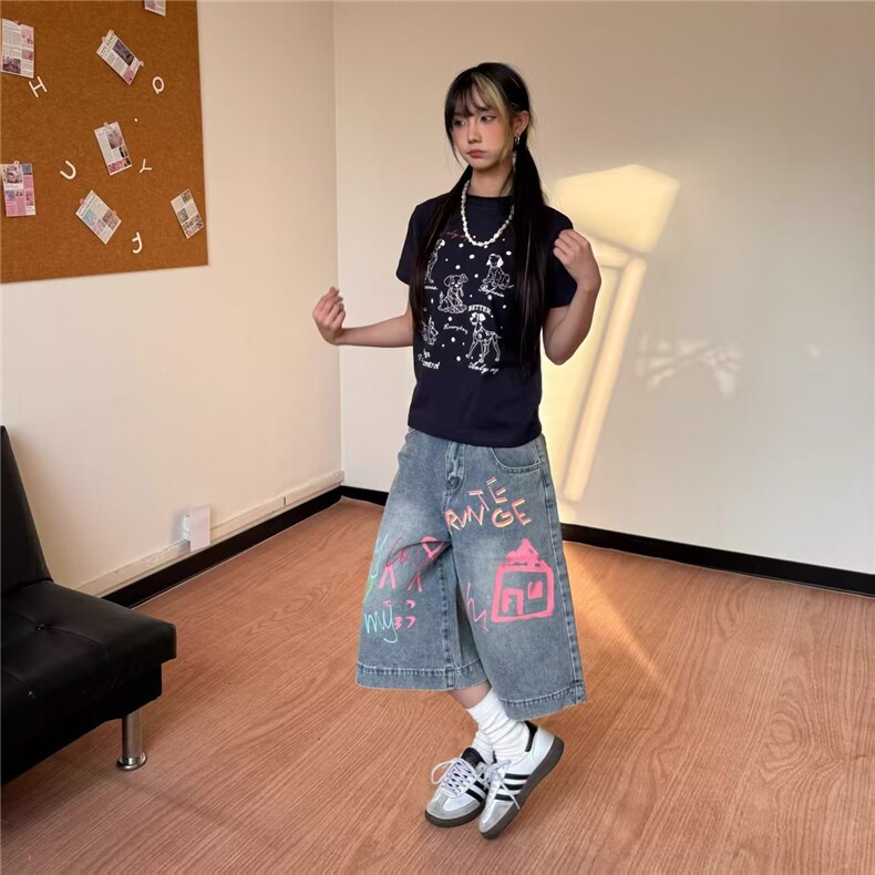 美式复古涂鸦字母印花水洗七分裤宽松显瘦直筒阔腿男女牛仔短裤潮，男装牛仔裤，星座506A