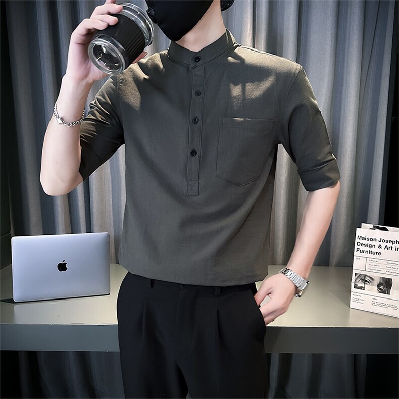 夏季男士七分袖麻料立领衬衫男休闲修身休闲衬衣A236-C666-P55,男装衬衫,电商A236