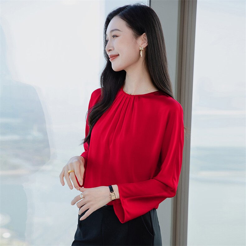 高端真丝上衣女长袖T恤2026春季圆领气质妈妈印花重磅真丝小衫t,女装衬衫,阿舍尔精品