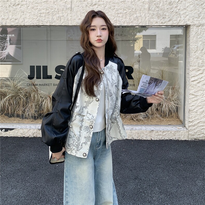 拉链中式纽扣棒球服常规女秋季短款时尚外套小众韩版春秋牛仔时尚,女装皮衣,2C057