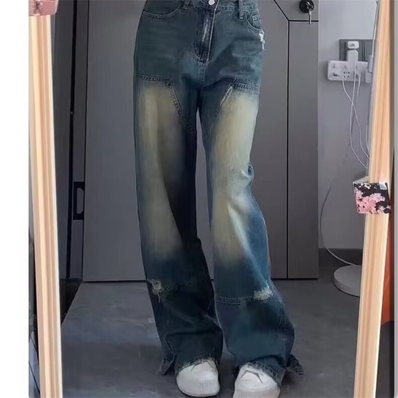 水洗做旧牛仔裤男2024春秋新款潮牌渐变美式高街直筒阔腿长裤,男装牛仔裤,四季星座218-1
