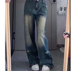 水洗做旧牛仔裤男2024春秋新款潮牌渐变美式高街直筒阔腿长裤，男装牛仔裤，四季星座218-1