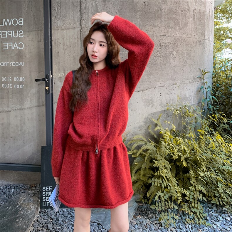 红色毛衣小香风套装女2025春秋新款高级感气质短外套半身裙两件套,女装套装/套裙,2C261