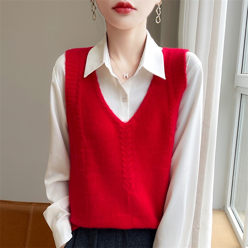v领新款菱形针织马甲女无袖纯色马甲简约百搭宽松套头,针织衫/毛衣,戎洋
