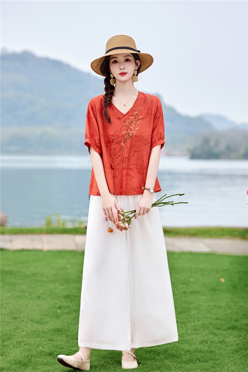 时尚优雅刺绣套装女2026夏季新款复古气质宽松阔腿裤两件套,女装套装/套裙,魅影