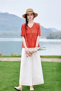 时尚优雅刺绣套装女2026夏季新款复古气质宽松阔腿裤两件套图片