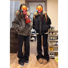 现货重磅boxy短款棉衣座山雕大毛毛领男女棉服水洗工装厚外套，男装棉衣，电商A486-1