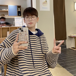 条纹连帽毛衣男生秋冬季加厚叠穿内搭线衣休闲潮牌宽松针织衫外套图片