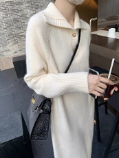 秋冬羊毛针织衫女翻领韩版慵懒风宽松纯色连衣裙，女装连衣裙，思途羊绒