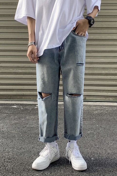 夏季破洞牛仔裤中性九分裤韩版阔腿宽松直筒休闲男女裤子KZ11,男装牛仔裤,星座1008