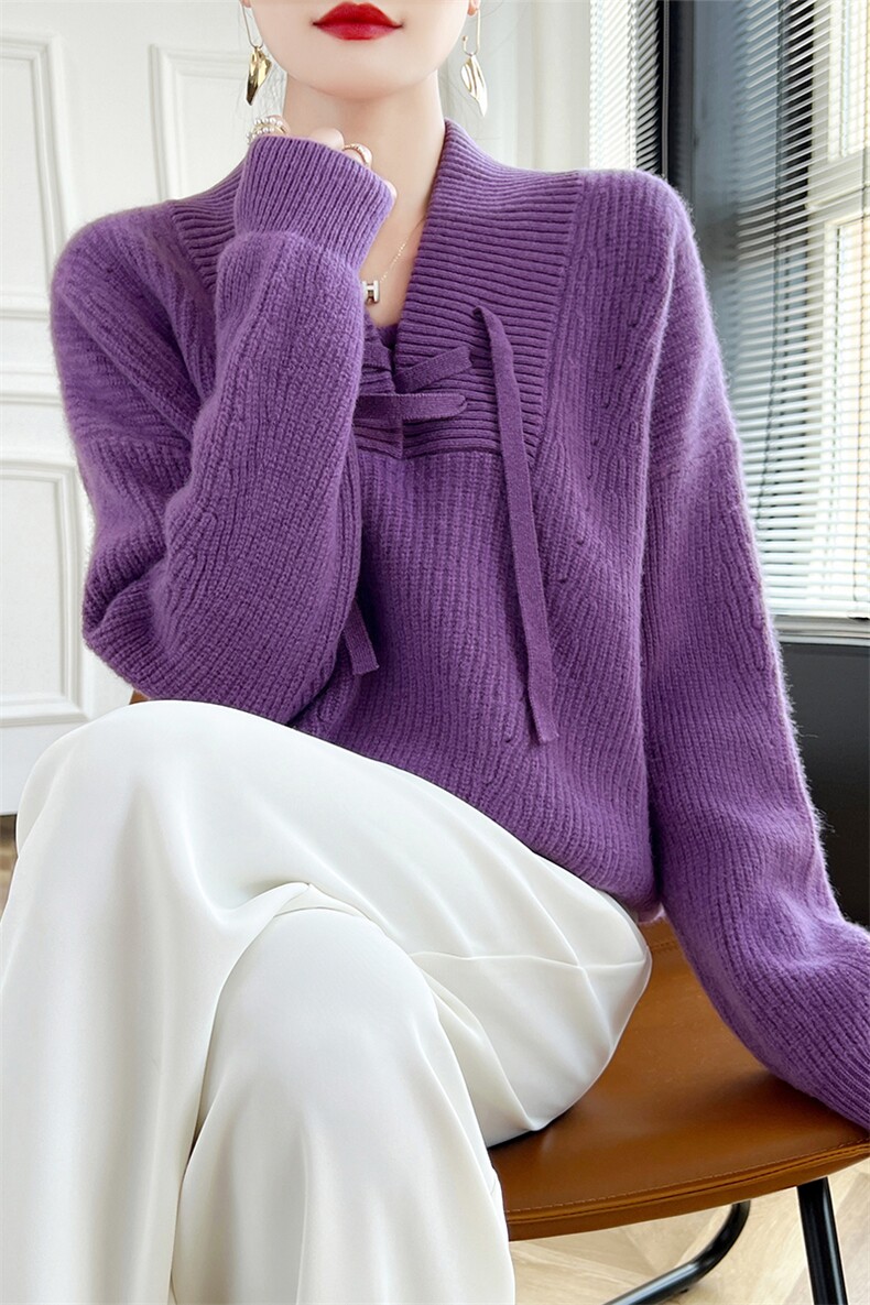 24秋冬100羊毛衫女v领加厚宽松慵懒风针织毛衣设计感打底羊绒衫,女装羊毛衫,朝辰羊绒