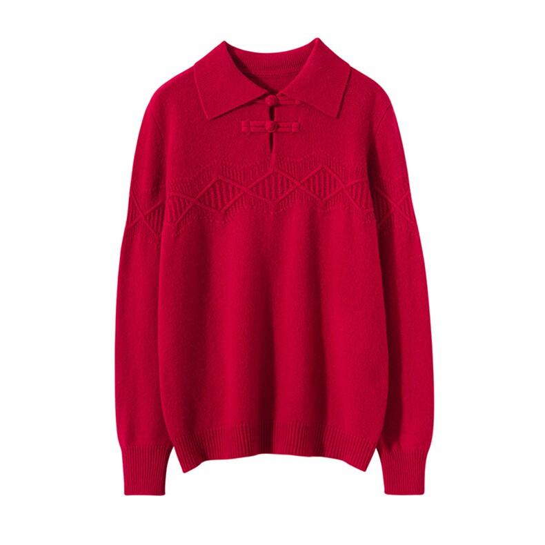 时尚复古红羊毛衫七针古风菱形盘扣设计优雅显瘦长袖毛衣，女装羊毛衫，宏杨羊绒