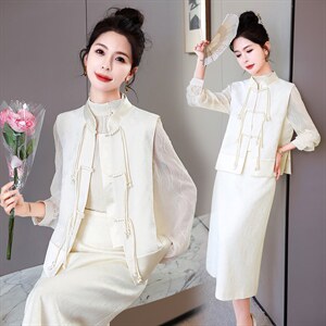 现货新款春秋装复古绣花连衣裙女装礼服气质新中式马甲图片