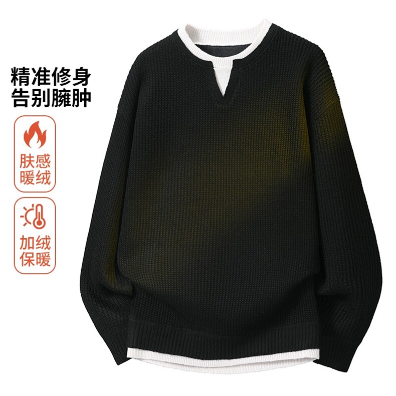 MY404R粗线一体绒开叉领叠穿慵懒氛围假两件宽松毛衣长袖图片