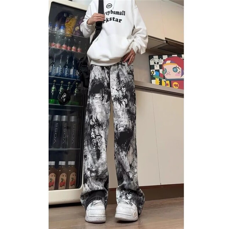 水墨扎染牛仔裤男款春秋季休闲小众裤子美式复古vibe直筒微喇长裤,男装牛仔裤,星座506A
