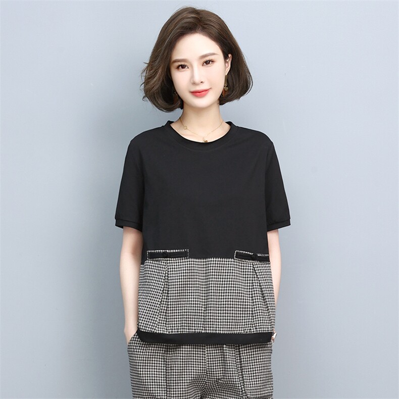 时尚夏季休闲格纹拼接盘扣上衣显瘦百搭短袖T恤,女装T恤,依恋蒂丝