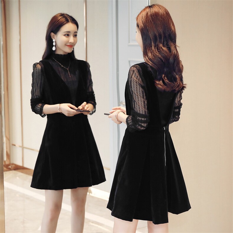 套装/套裙纯色圆领中腰2021年秋季长袖中长款植绒纱网拉链大摆型蕾丝，女装连衣裙，瑶迪依秀